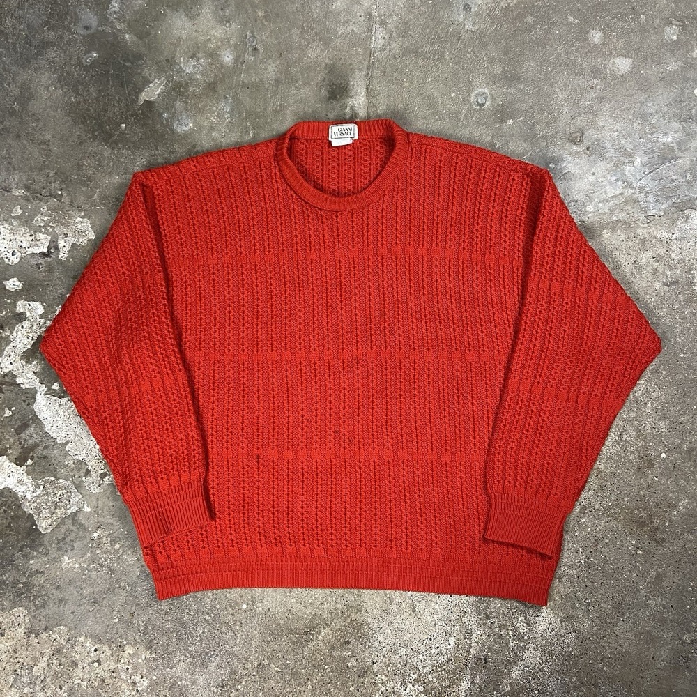 Vintage 90s Gianni Versace Sweater Size 52 Red Ribbed Cable Knit Loose Fit Italy